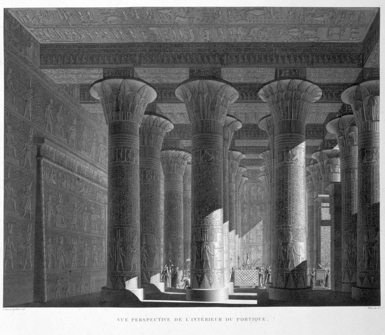 Perspektivvisning av portikointeriøret, Esne (Latopolis) plate 83 fra Vol I av `Descriptions of Egypt`, gravert av Sellier, 1822 (akvatint) av Jollois and Devilliers