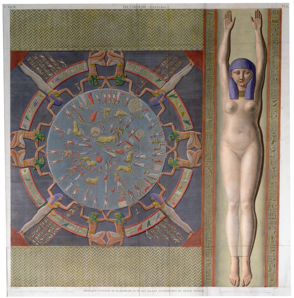 Zodiac-taket fra det store tempelet i Denderah, Egypt, c1826 av Jollois and Devilliers