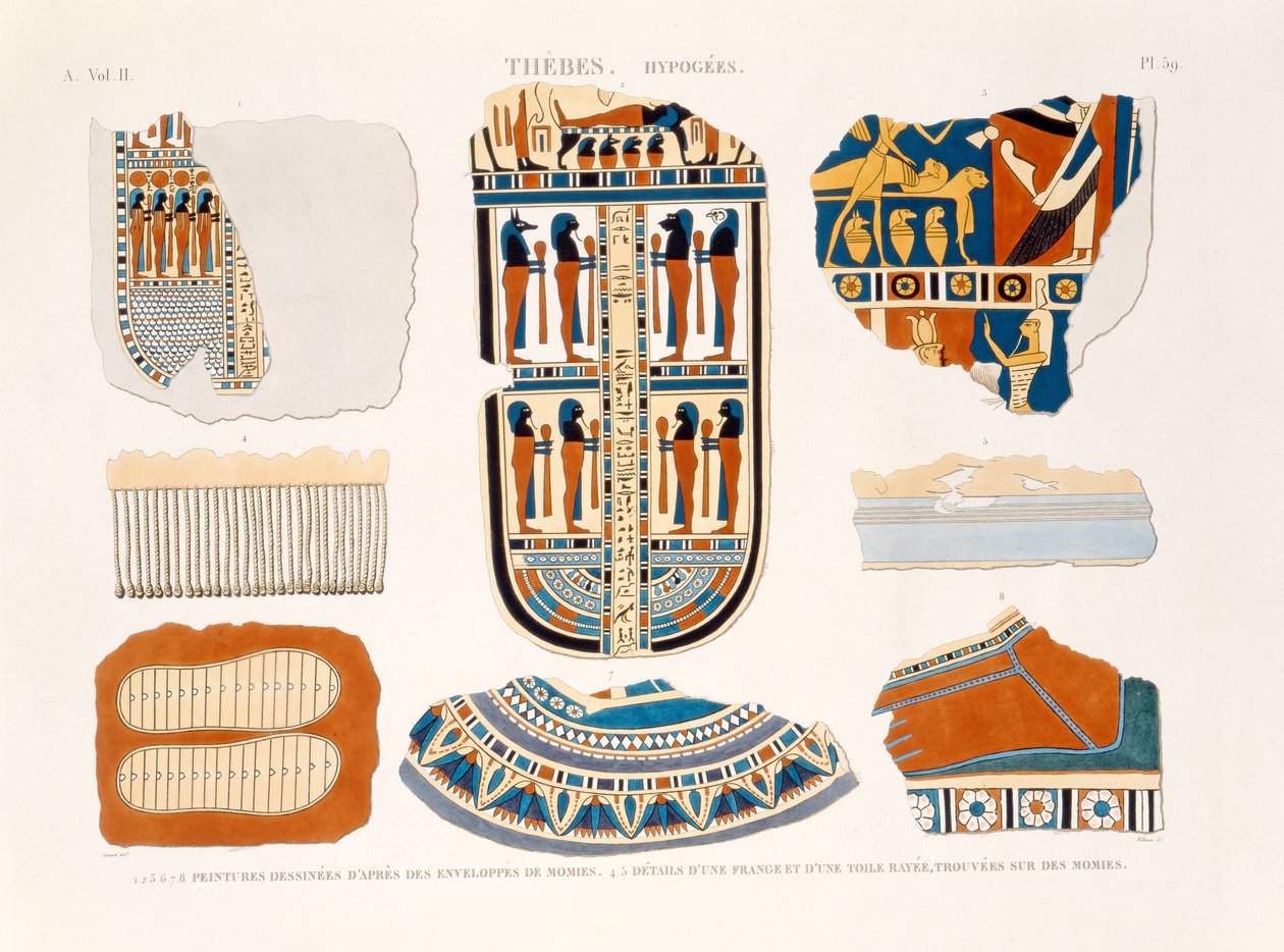 Illustrasjoner av dekorative detaljer fra innpakningene til mumier, 4,5; Detalj av en frynser og et stripete materiale funnet på mumiene, Theben, Hypogees, plate 59 fra Vol II av `Descriptions of Egypt av Jomard