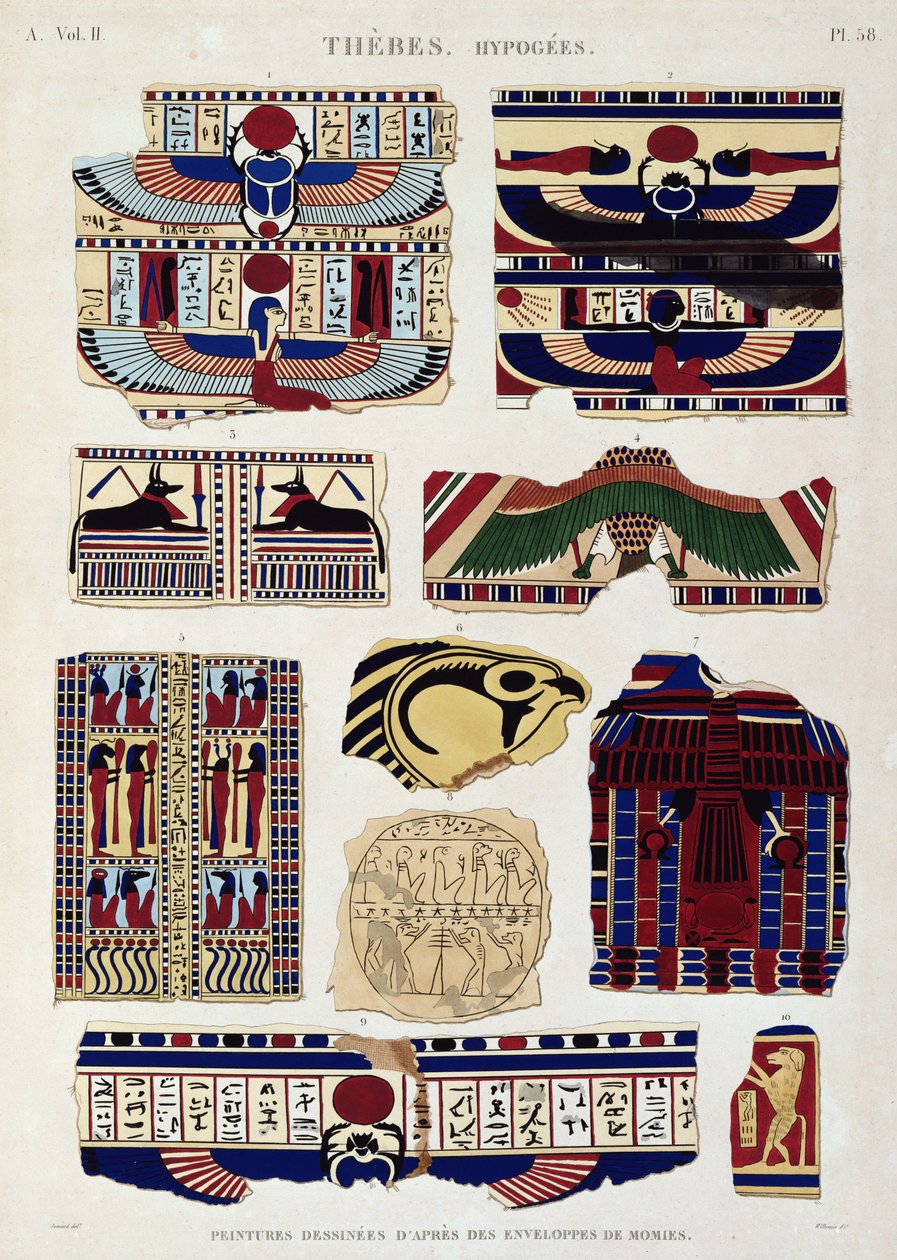 Illustrasjoner av malte design fra mumienes innpakning, Hypogees, Theben, plate 58 fra Vol II av `Descriptions of Egypt`, gravert av Willemin, 1822 (akvatint) av Jomard