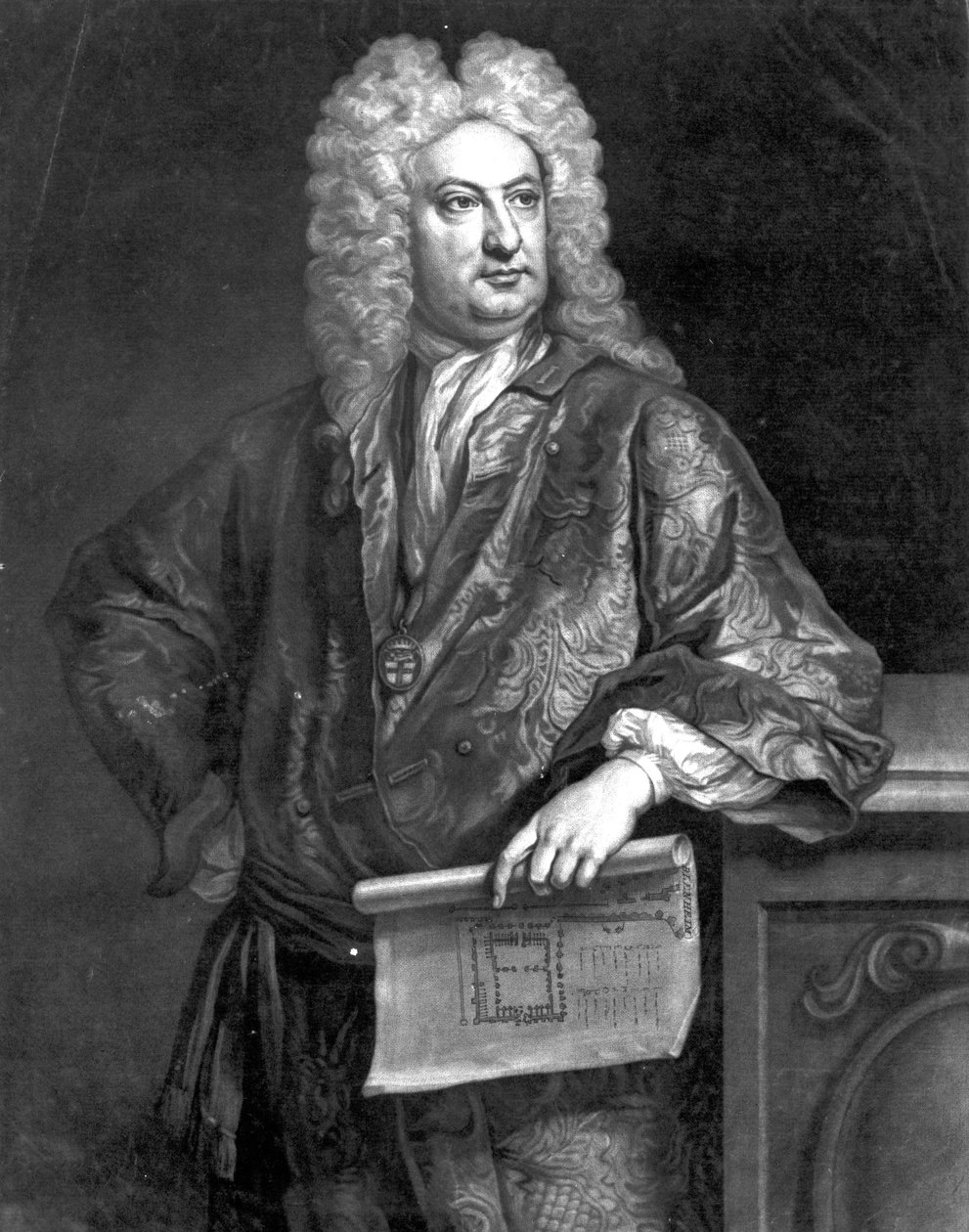 Sir John Vanbrugh, gravert av John Faber den yngre, 1727 (mezzotint) av Jonathan Richardson