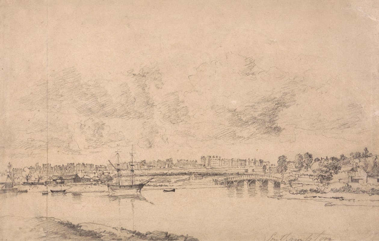 Southampton og Northam fra elven Itchen (grafitt på medium, lett teksturert, blånet hvitt vevd papir lagt til medium, moderat strukturert, beige vevet papir) av Jonathan Fisher