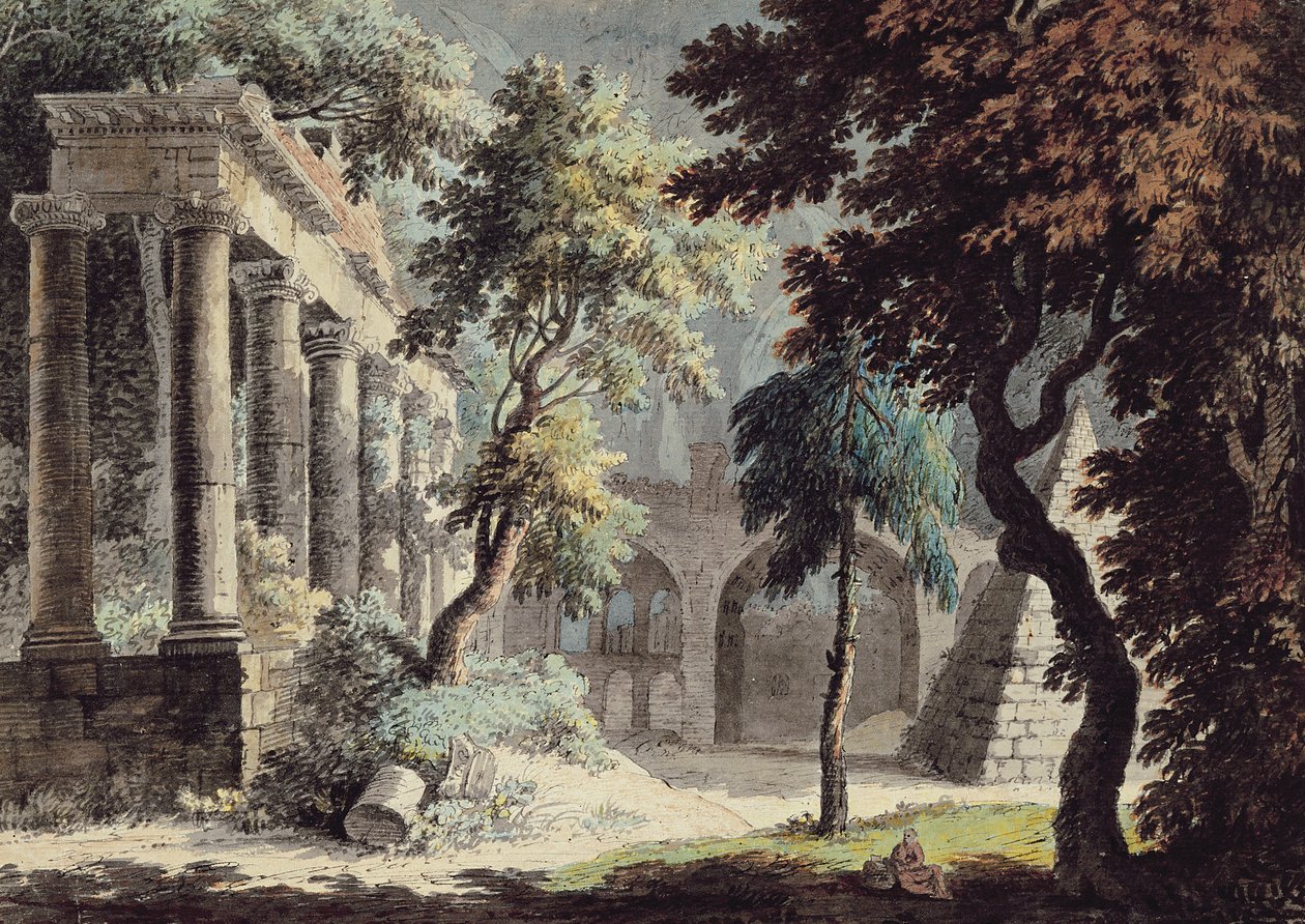 The Temple of Saturn (romerske ruiner) (penn og blekk, akvarell og vask på papir) av Jonathan Skelton