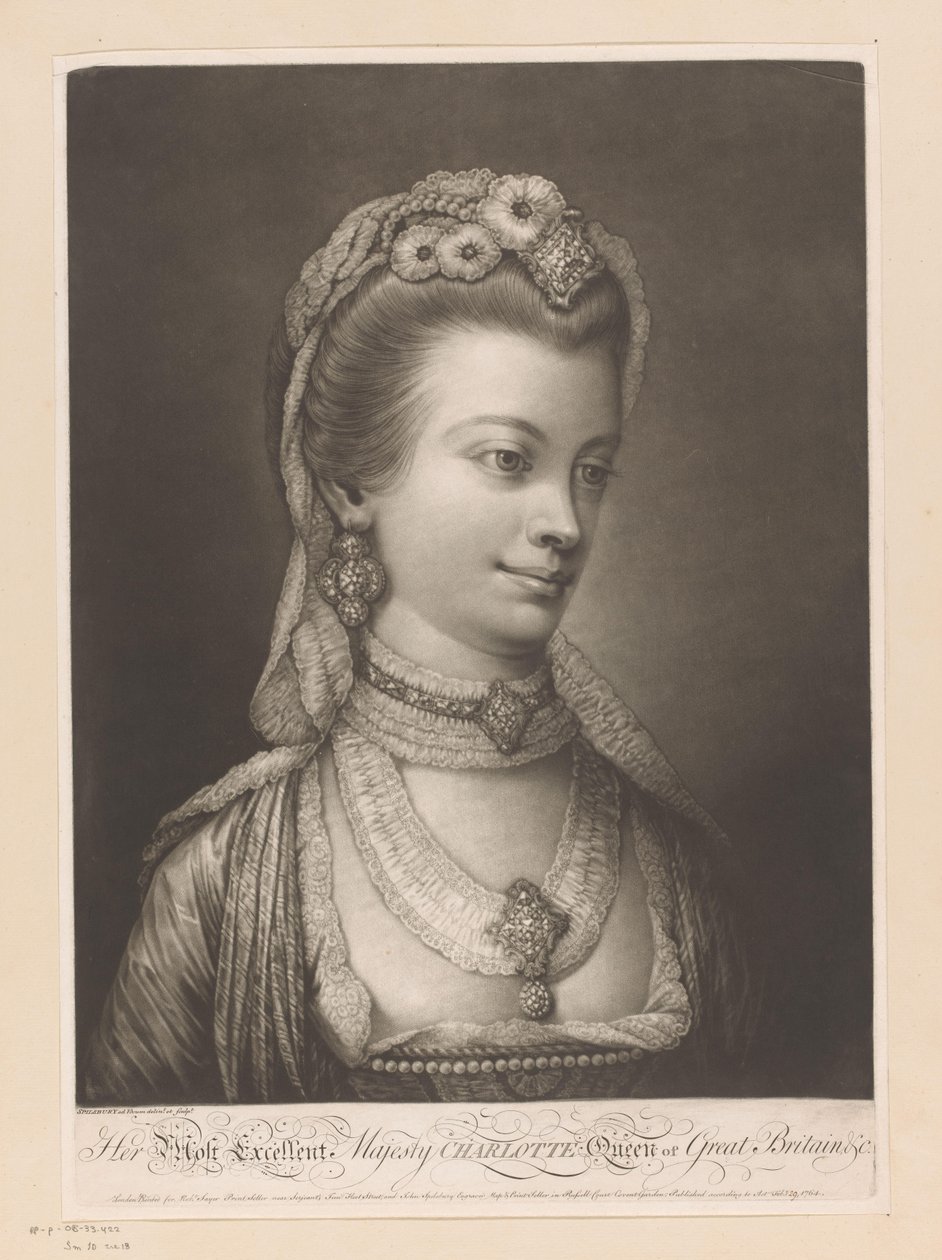 Portrett av Charlotte van Mecklenburg Hennes mest utmerkede majestet Charlotte, dronning av Storbritannia, etc. (tittel på objekt) av Jonathan Spilsbury