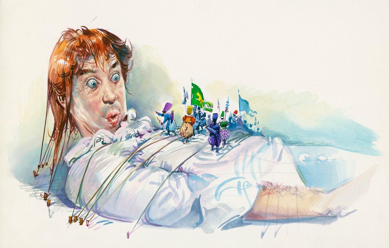 Lemuel Gulliver fanget av Lilliputians, fra Gulliver