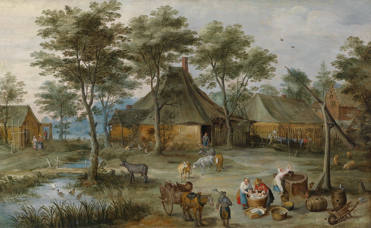 Landsbyscene ved trekningen godt av Joos or Josse de Momper