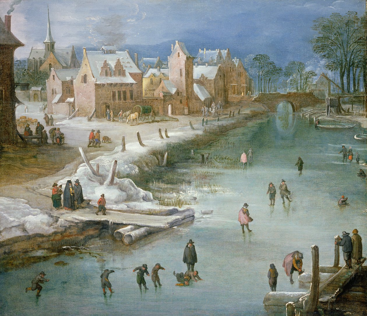Skatere på en frossen elv ved siden av en by av Joos or Josse de Momper