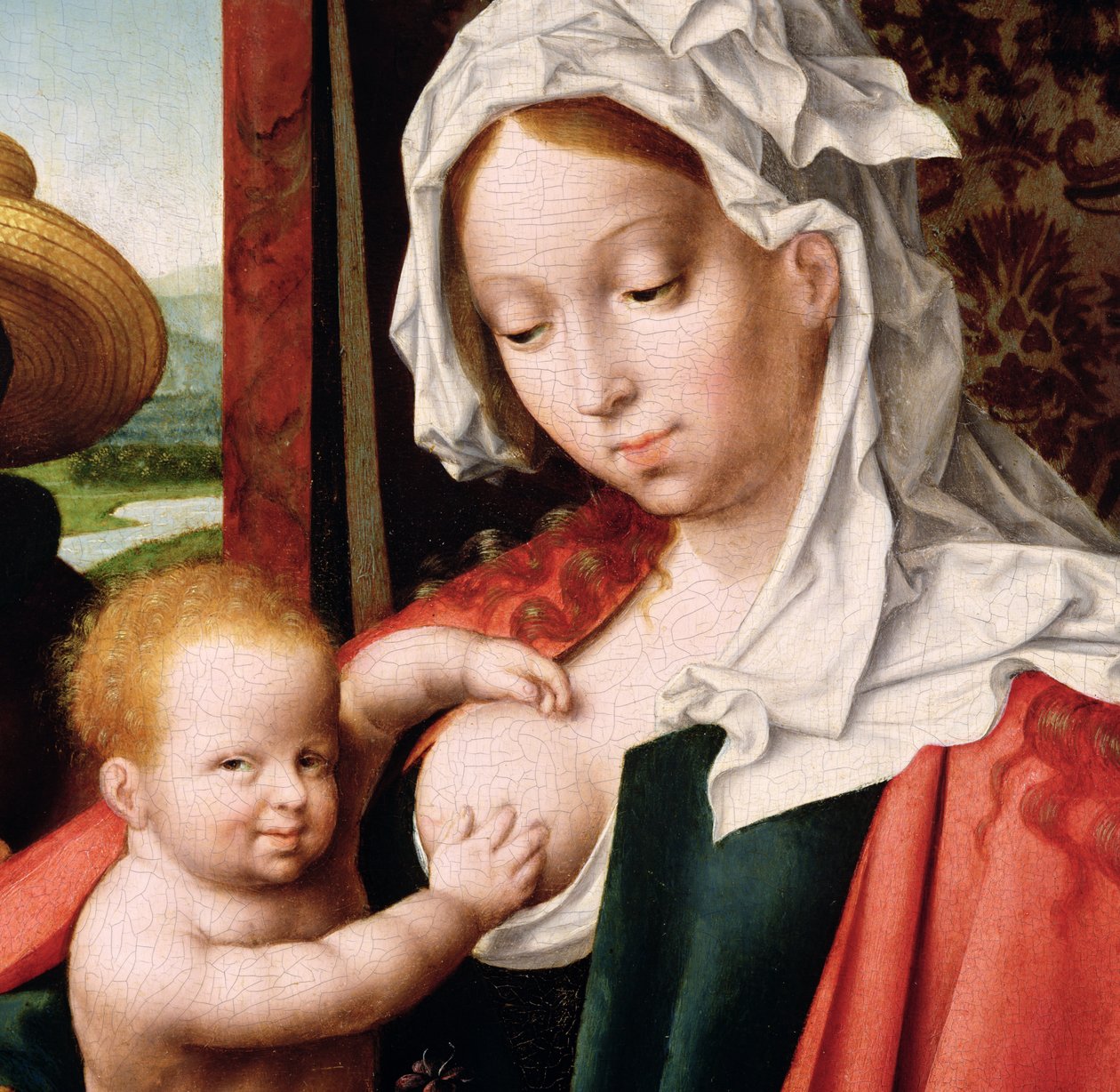 The Holy Family, c.1520 olje på panel detalj av 204176 av Joos van Cleve