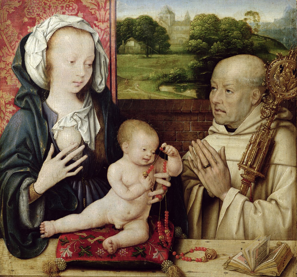 Jomfruen og barnet tilbedt av St.Bernard olje på paneldetalj fra 15955 av Joos van Cleve