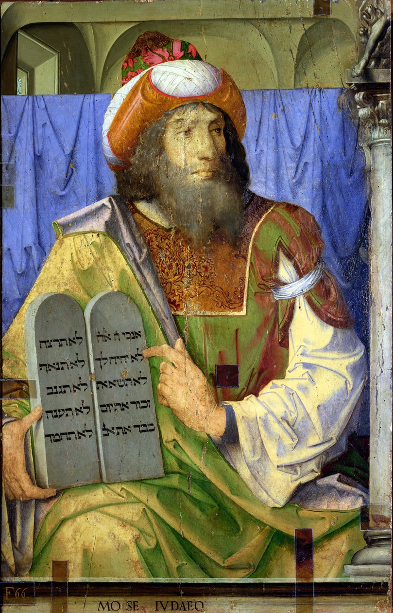 Moses med de ti bud, fra en serie portretter av berømte menn (panel) (detalj) (se 80418) av Joos van Gent