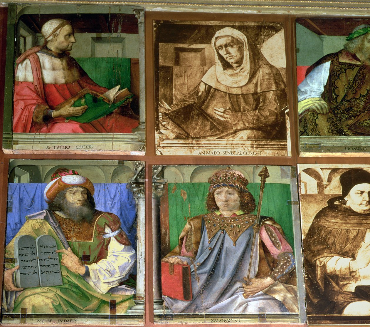 Studiet til Federigo da Montefeltro, hertugen av Urbino, med klokken fra TL: Cicero, romersk taler (106-43 f.Kr.); Seneca, romersk stoisk filosof (ca. 4 f.Kr.-ca. 65 e.Kr.); Homer, gresk episk poet (8. århundre f.Kr.); St av Joos van Gent