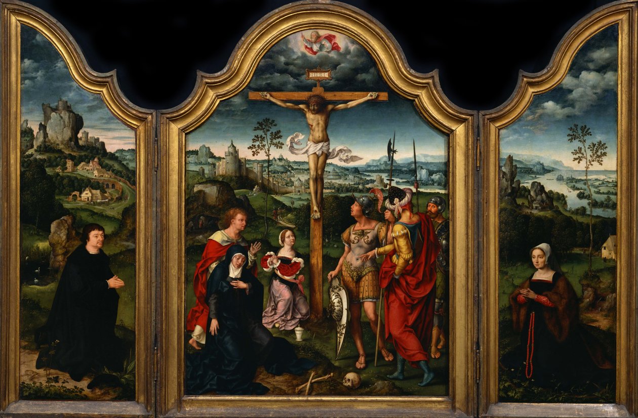 Triptych: Korsfestelsen med giver og hans kone av Joos van Cleve