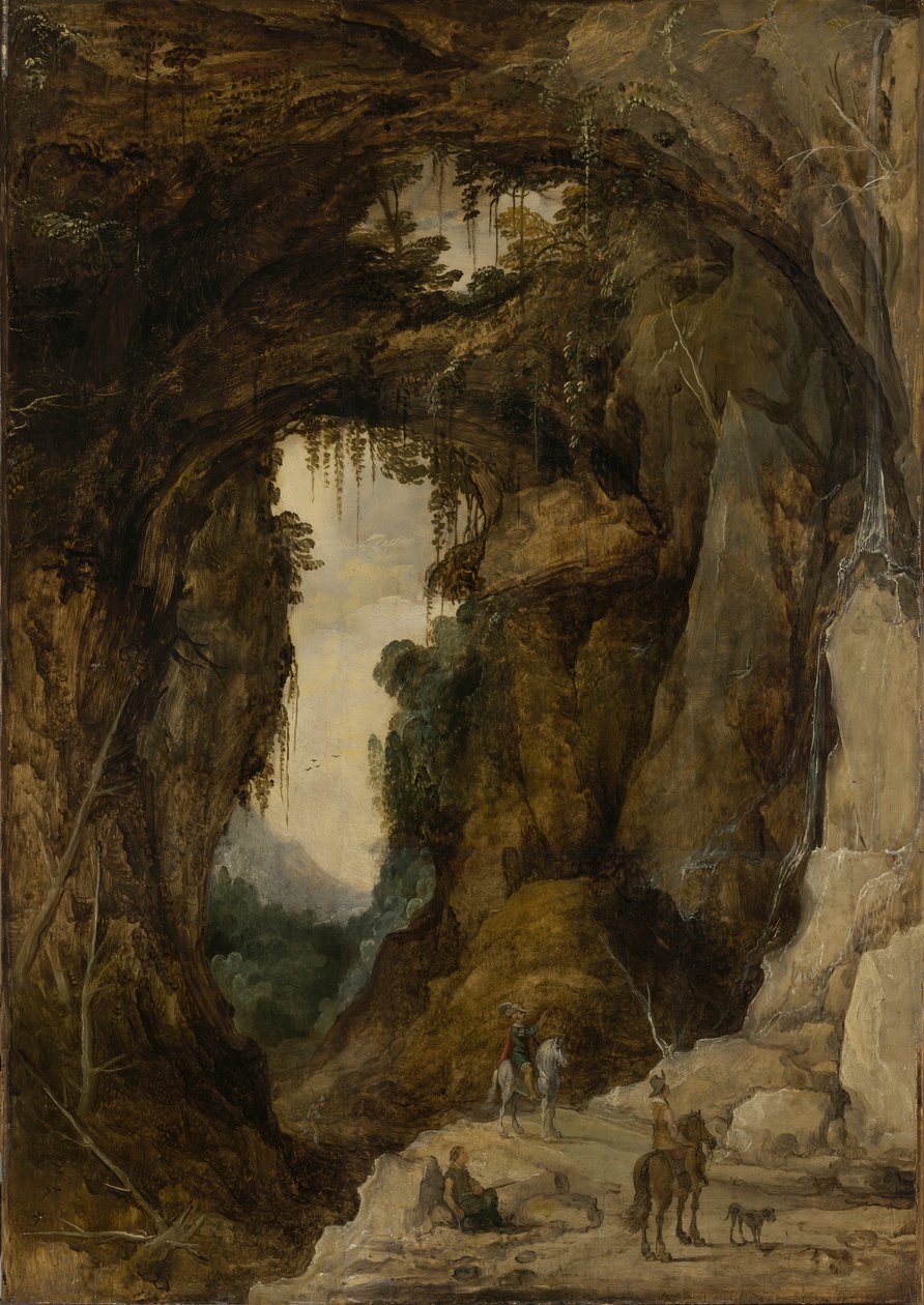 Landskap med grotte og en rytter av Joos de Momper the younger