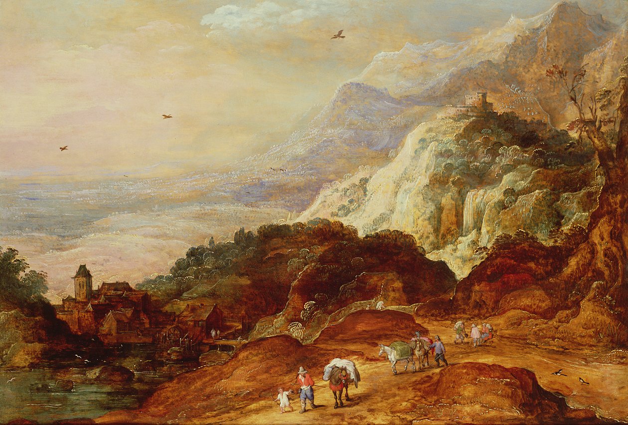 Et fjelllandskap med figurer og muldyr av Joos or Josse de Momper