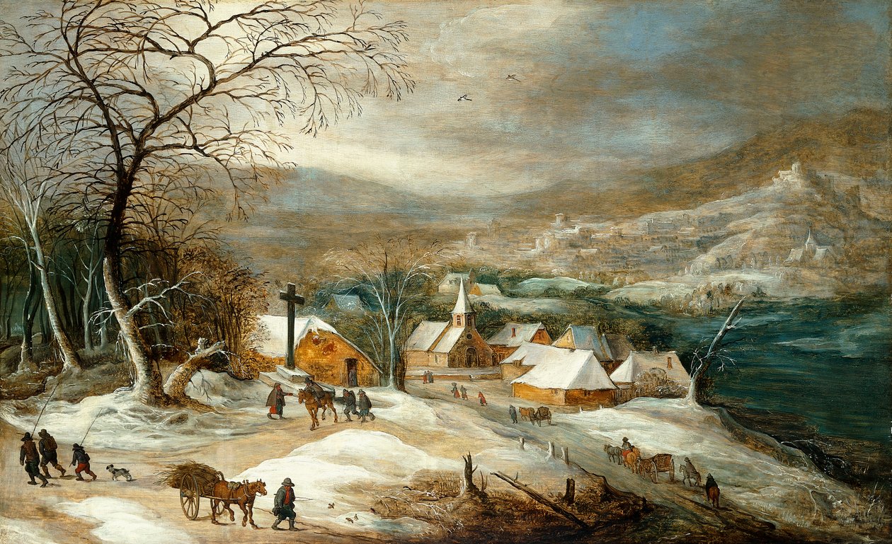 Et vinterlandskap, med figurer på en vei ved en landsby, av Joos or Josse de Momper