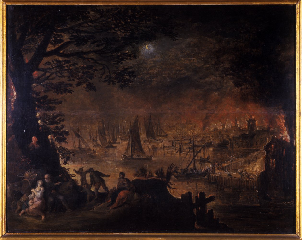Brennende by ved sjøen av Joos or Josse de Momper