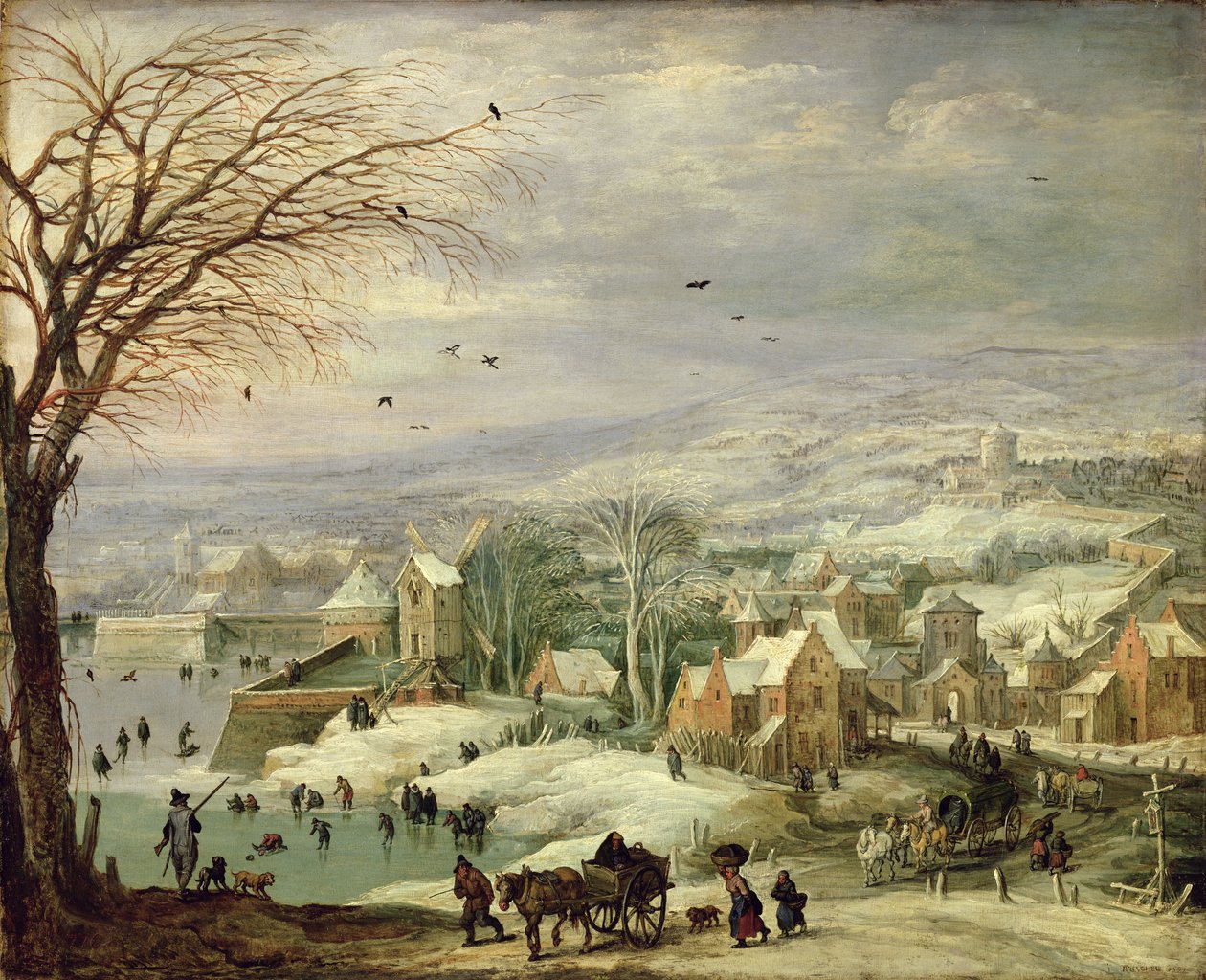 Landsbylandskap om vinteren, ca. 1615-20 (olje på kobber av Joos or Josse de Momper