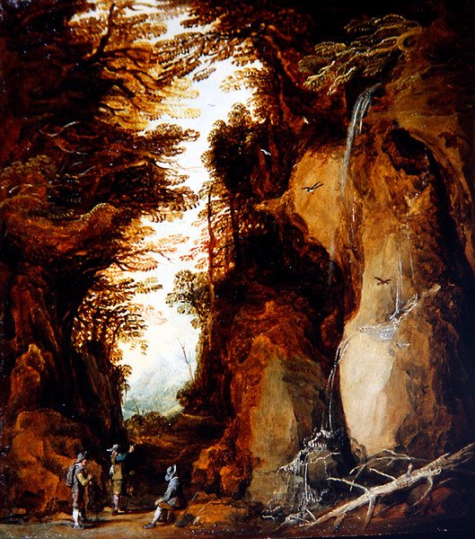 Et alpint landskap med reisende (olje på panel) av Joos or Josse de The Younger Momper