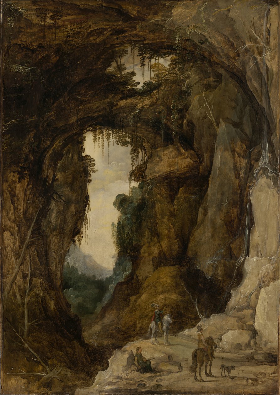 Landskap med grotte og en rytter, ca. 1616 (olje på panel) av Joos or Josse de The Younger Momper