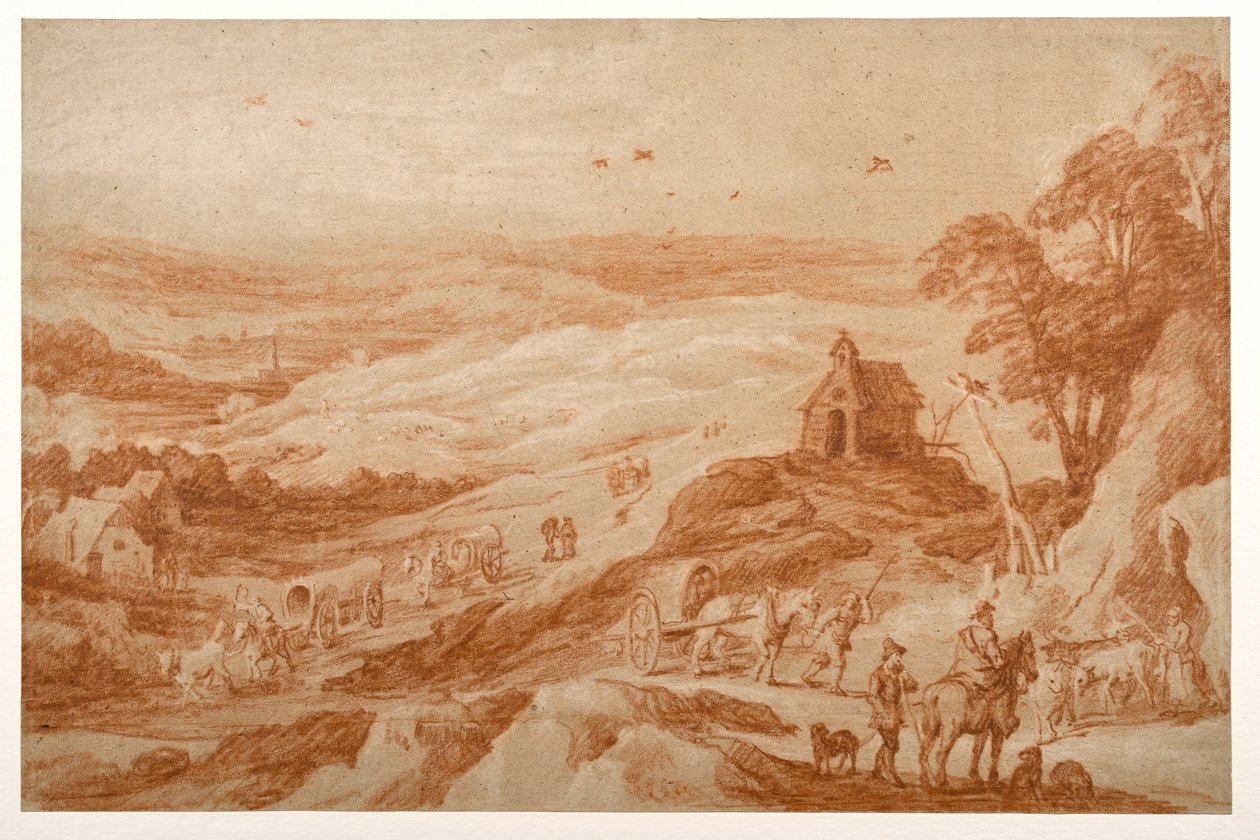 Landskap med figurer, storfe og vogner av Joos or Josse de The Younger Momper