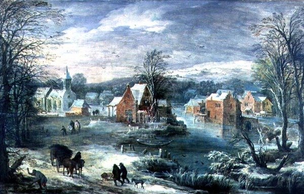 Landsbylandskap om vinteren (panel) av Joos or Josse de The Younger Momper