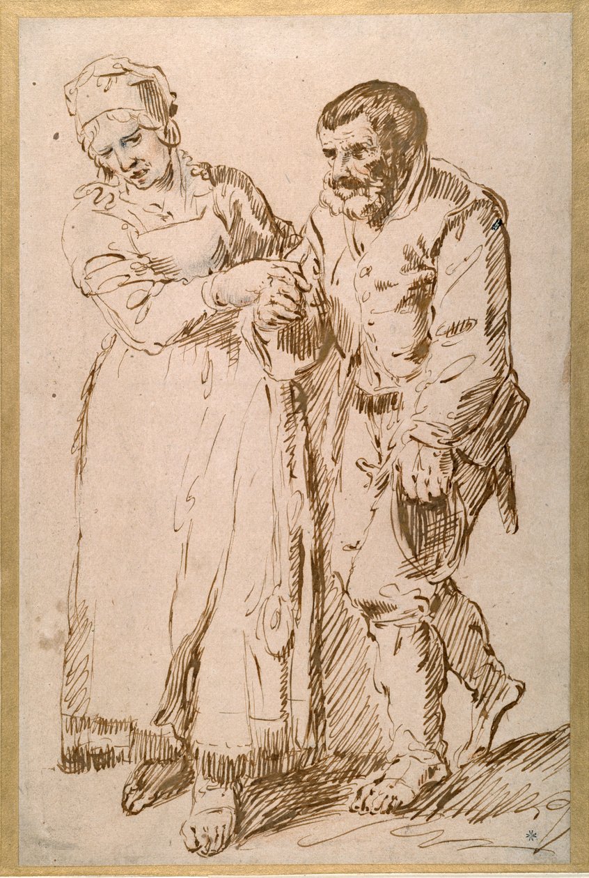 Trinnene til en eldre bonde ledet av sin kone (penn og blekk med kritt på papir) av Joos van (attr. to) Craesbeeck