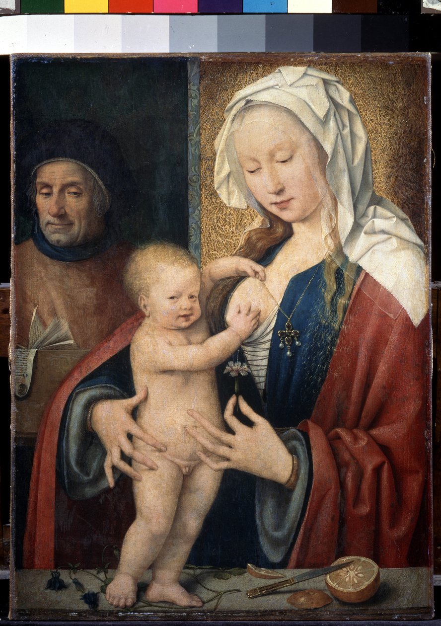 ""Den hellige familie"" (Den hellige familie) Jesusbarnet leker med sin mors bryst. Maleri av Joos van Cleve (Cleef) (ca. 1485-1540) 1500-tallet Mål 42,5x31,5 cm Sankt Petersburg. Eremitasjemuseet av Joos van Cleve