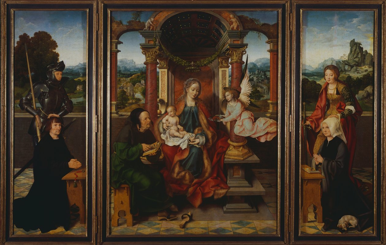 Den hellige familie, ca 1530, av Joos Van Cleve (1485-1540), triptyk. Belgia av Joos van Cleve