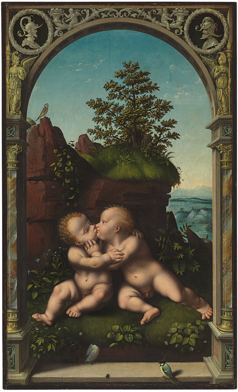 Spedbarnet Kristus og døperen Johannes som barn som omfavner seg i et landskap, omgitt av en klassisk buegang av Joos van Cleve