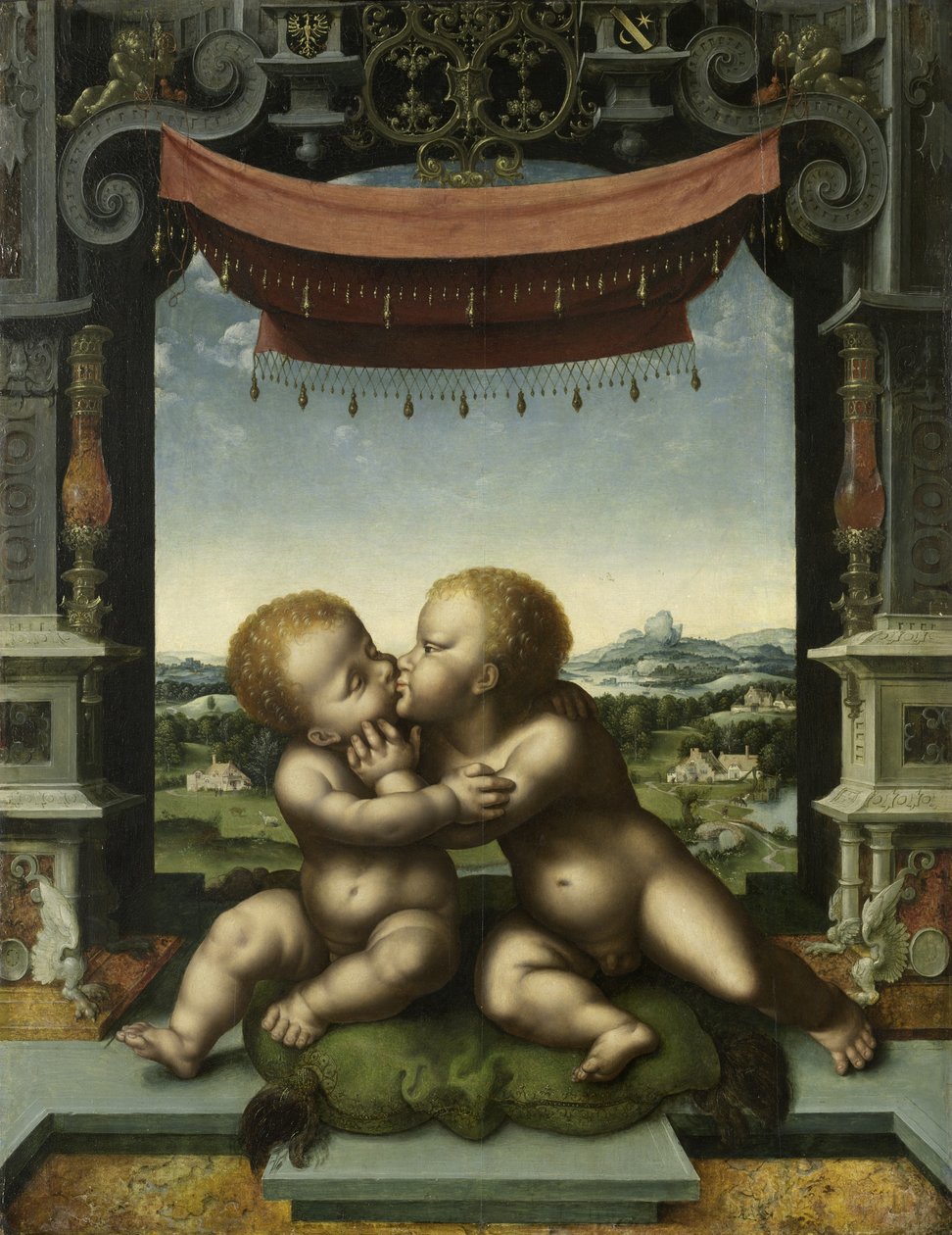 Spedbarnene Kristus og døperen Johannes omfavner, 1520-25 av Joos van Cleve