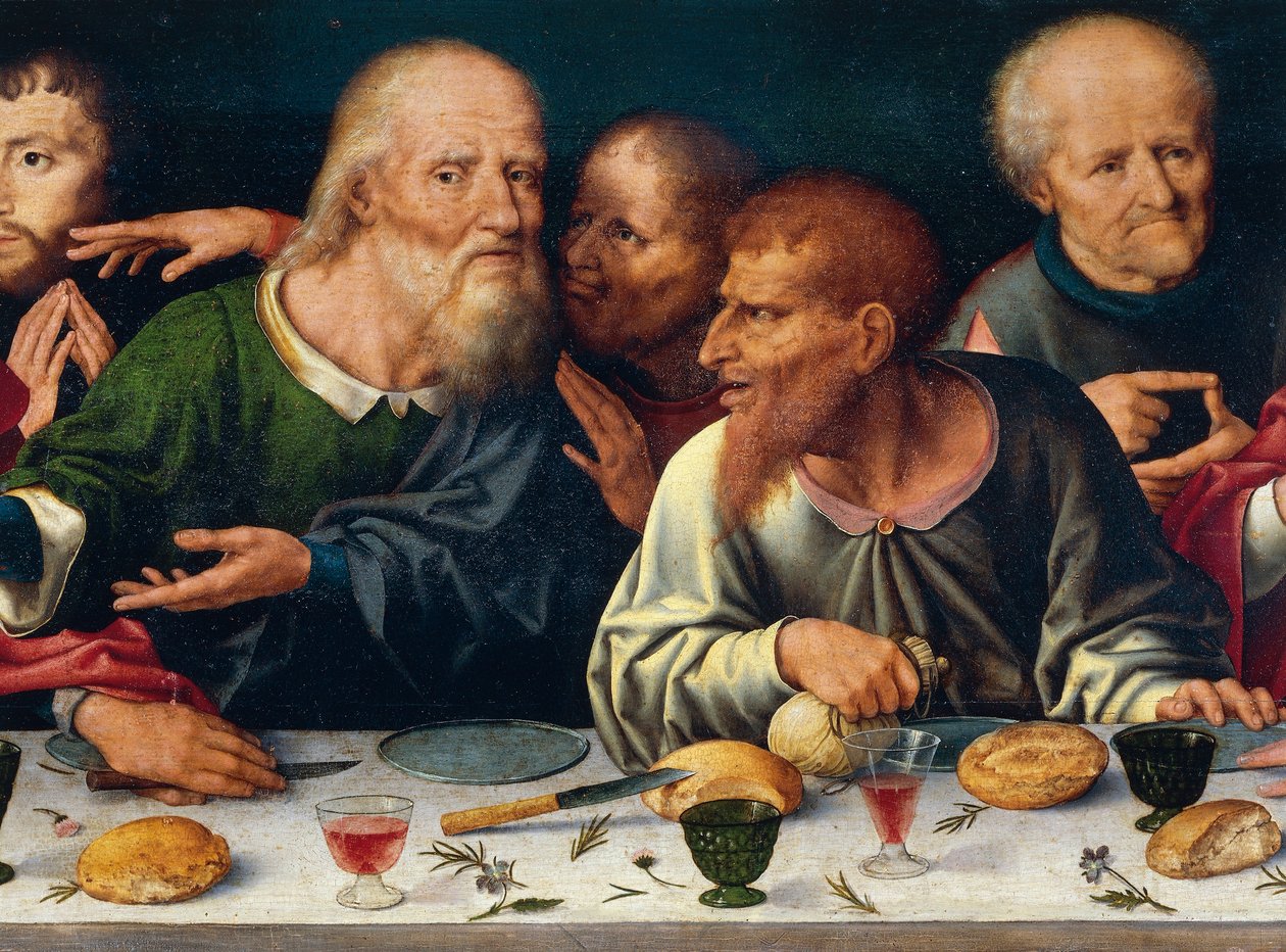 Nattverden, Judas og de andre apostlene, Joos van Cleve (1485-1540 ca), altertavle fra kirken Frati Minori i Genova, Italia av Joos van Cleve