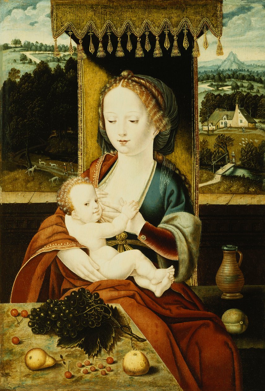 Madonnaen og barnet, sittende under en baldakin, ved et bord med frukt, i et landskap, av Joos van Cleve