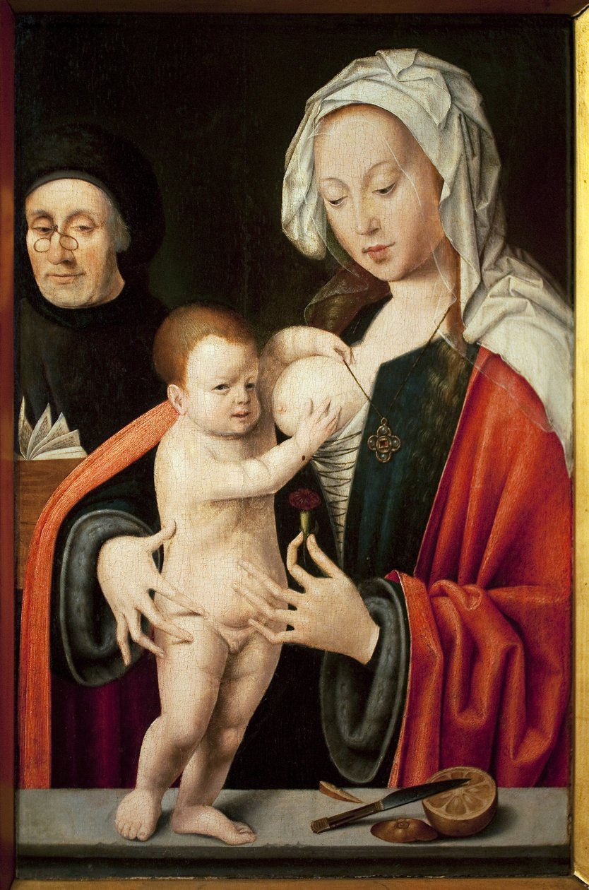 Jomfruen, barnet og en giver. Maleri av Joos Van Cleve (1485-1540), olje på tre. Flamsk kunst 1500-tallet. Musee Grobet Labadie, Marseille. av Joos van Cleve