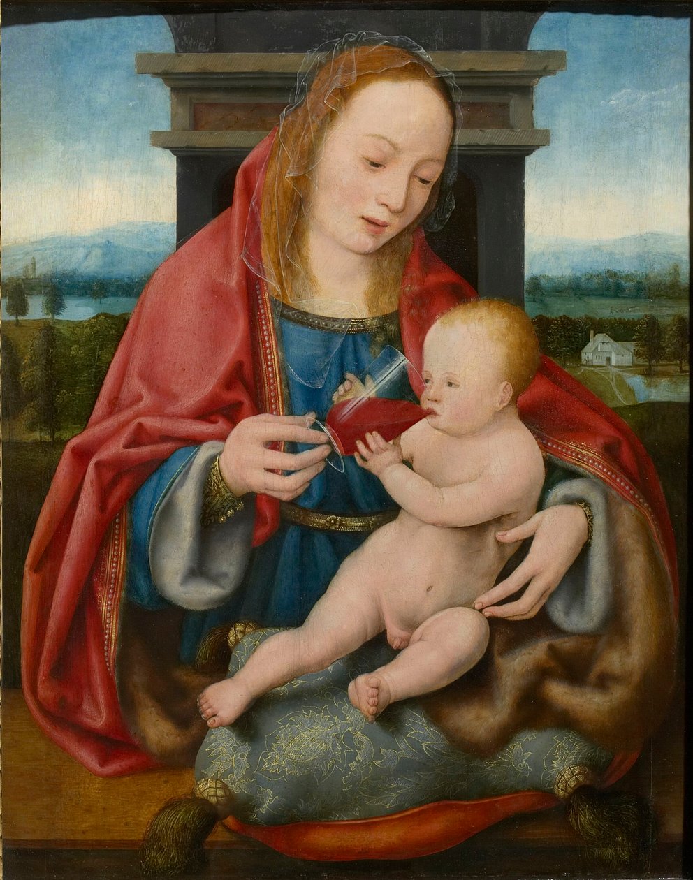 Jomfruen med spedbarnet Kristus drikker vin, ca. 1520. av Joos van Cleve