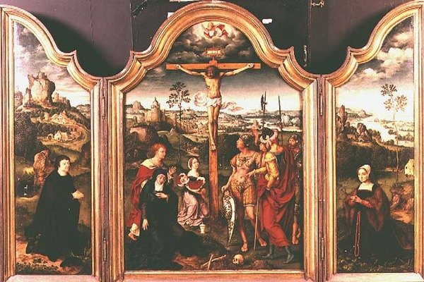 Triptyk: Korsfestelse flankert av knelende givere (olje) av Joos van Cleve