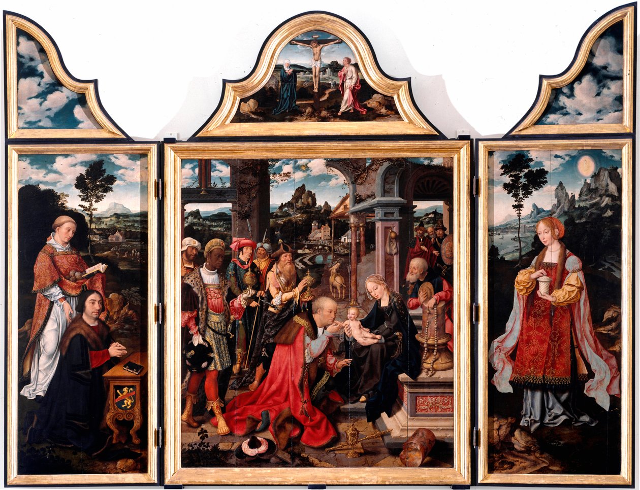 Tryptic of Adoration of the Magi. Maleri på tre av Joos Van Cleve den unge (1485-1540) 1515 Dim. 260x200 cm Genes, San Donato-kirken av Joos van Cleve