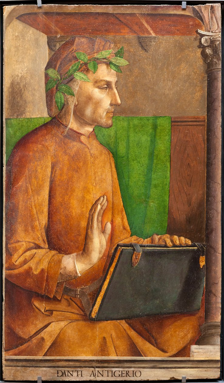 Effigy av Dante Alighieri (1265-1321), poet, italiensk forfatter, forfatter av Divine Comedie, hodeplagg av en liripion - Maleri av Juste av Ghent (Joos van Wassenhove) (ca. 1435-rundt 1475) og Pedro Berruguete (ca. 1450- før 1504), del av et sett med 2 av Joos van Gent (fl.1460 75)