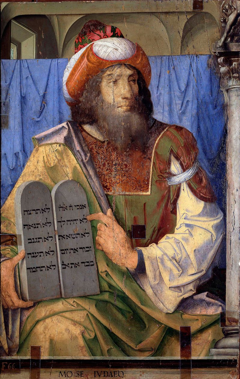 Portretter av berømte menn: Moses og lovtabeller. Maleri av Joos van Wassenhove (eller Justus van Gent også kjent som Josse eller Jodocus av Ghent, eller Giusto di Ghent eller Juste de Ghent, aktiv mellom 1460-1475). Maling på tre. Mål: 74 x 115 cm. Museo  av Joos van Gent (fl.1460 75)