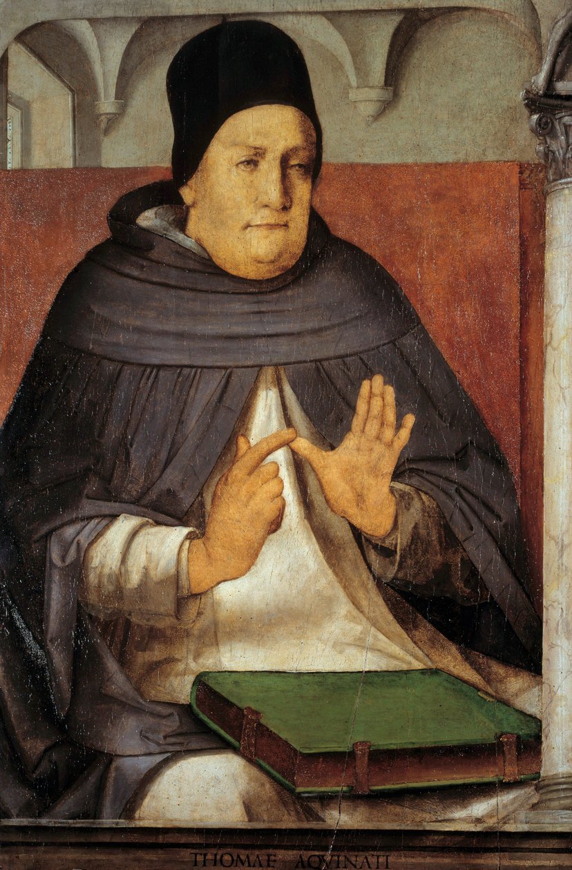 Representasjon av Saint Thomas Aquinas (1225-1274) Doktor i kirken Maleri på tre av Juste de Ghent (Joos van Wassenhove) (rundt 1435-rundt 1475) (ec.flam.) 1400-tallet søn. 1,14x0,76 m av Joos van Gent (fl.1460 75)