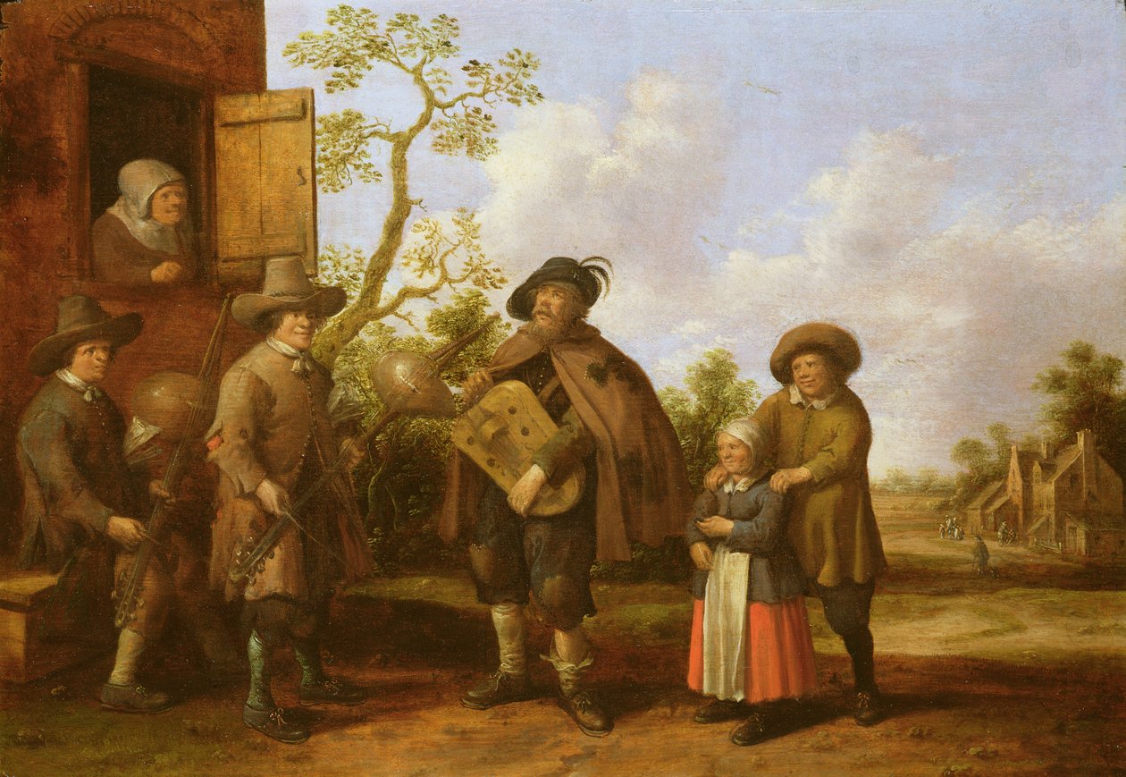 Landsbyscene med musikere, 1659 av Joost Cornelisz. Droochsloot