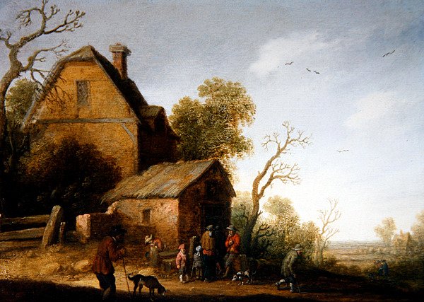 Et skogkledd landskap med figurer og hunder av Joost Cornelisz. Droochsloot