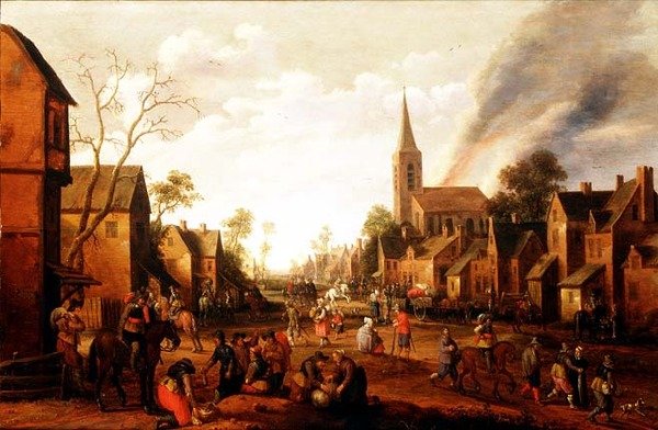 Soldater plyndrer en landsby av Joost Cornelisz. Droochsloot