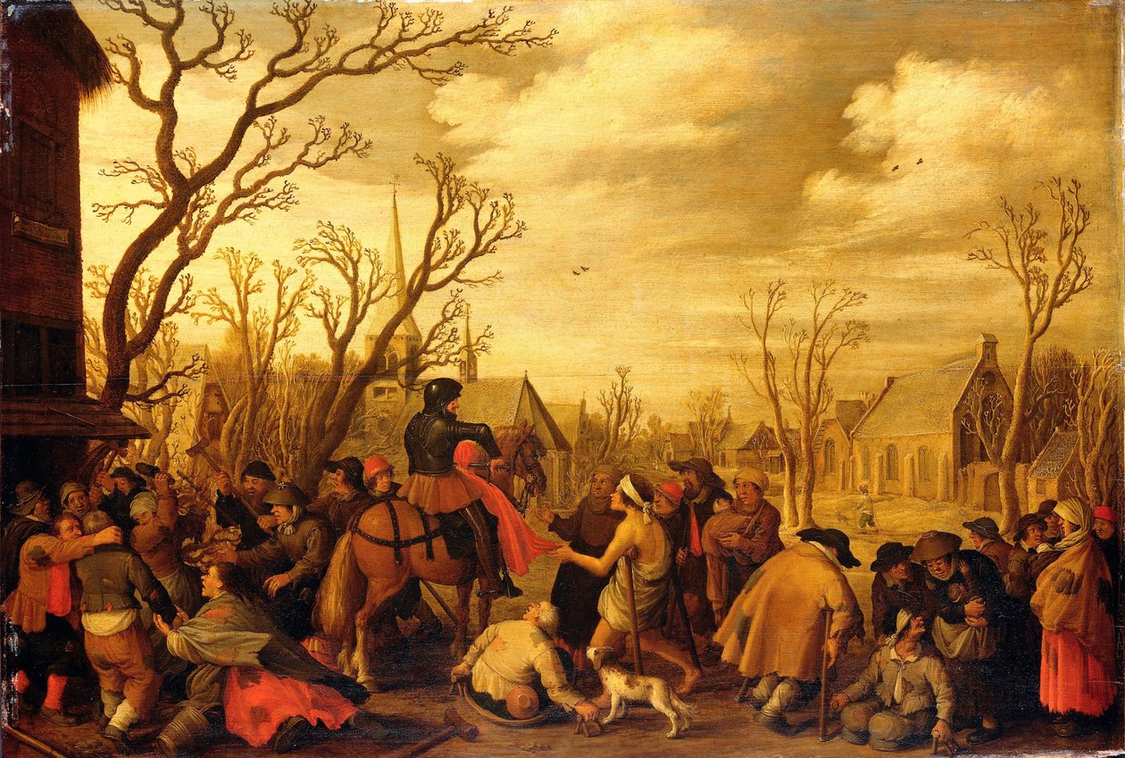 St Martin skjærer av en del av kappen sin for en tigger av Joost Cornelisz Droochsloot