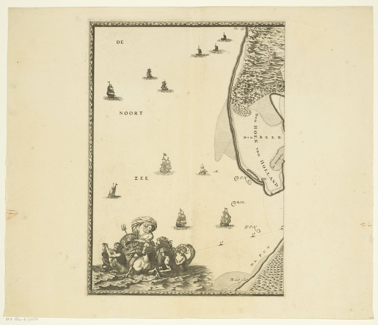 Kart over Maas fra Rotterdam til Nordsjøen (del én) Skildring av Maes fra byen Rotterdam til havet, med de tilstøtende byene og stedene, sand, tørrområder og baner, som de som ble seilt mot i dag av Joost van Geel