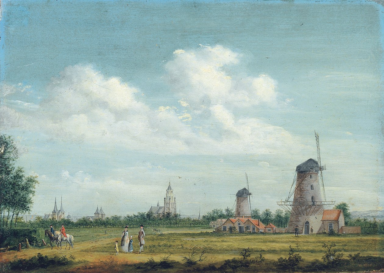 Utsikt over Arnhem med St. Walburgiskerk til venstre og Grote Kerk til høyre, elegante byfolk som går i nærheten, 1776 av Jordanus Hoorn