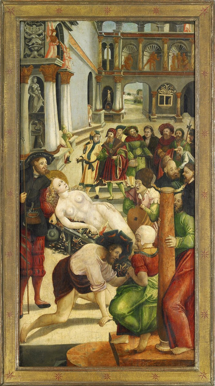 Sainte Agathe sur le bucher - Brenningen. Vinge fra Saint Agatha-alteret - Greimold, Joerg (Jorg) (ca 1500-etter 1540) - 1523 - Olje på tre - 109x57 - Stadtmuseum Weilheim av Jörg Greimold