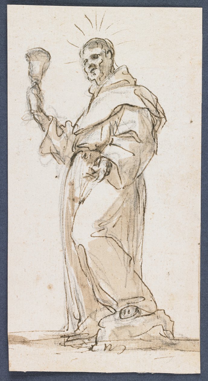 Standing Male Saint Holding a Chalice, sent på 1600-tallet (penn og brunt blekk og vask over svart kritt) av Jorge Preu