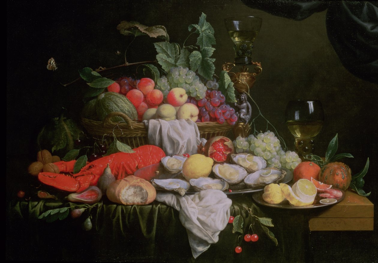 Stilleben med sitron, østers, hummer og frukt, 1658 av Joris van Son