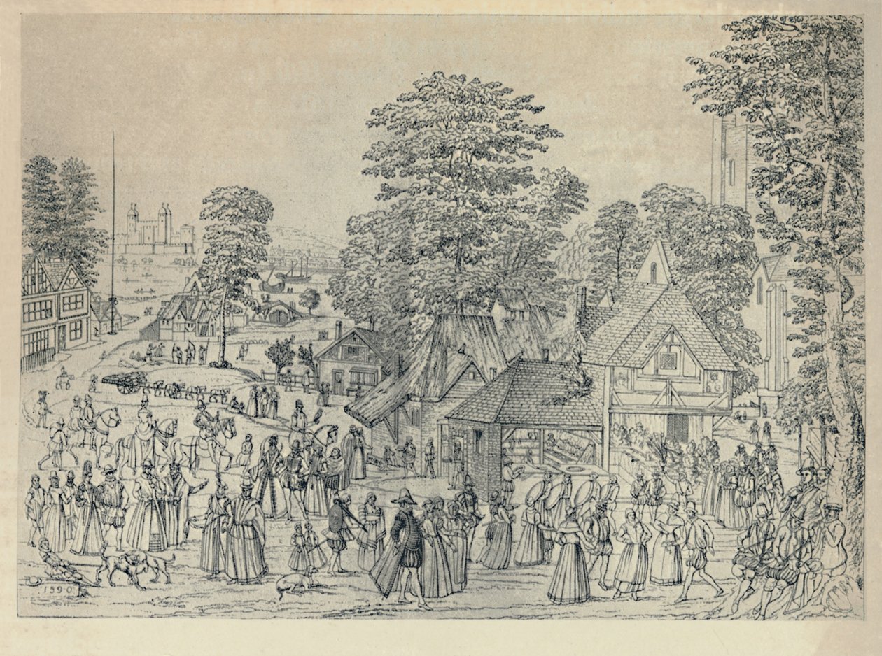 En bryllupsfest i Bermondsey, 1590, 1920 av Joris Hoefnagel