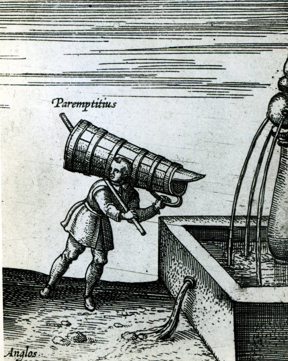 En lærling henter vann fra en fontene (detalj av 105365) av Joris Hoefnagel